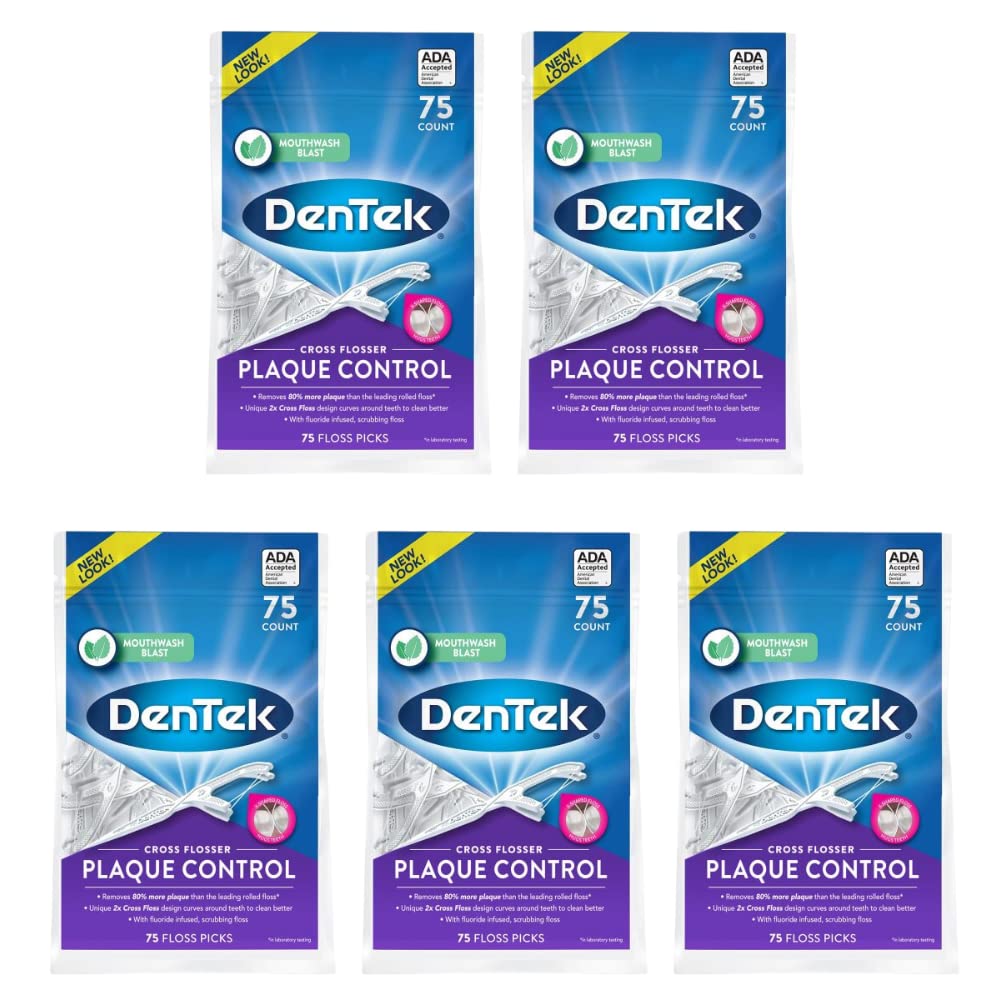 DenTek Cross Flosser Plaque Control Floss Picks with X-shaped floss hugging teeth