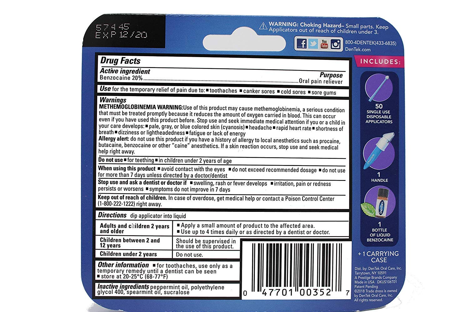Contents include benzocaine bottle, 50 disposable applicators, and applicator handle
