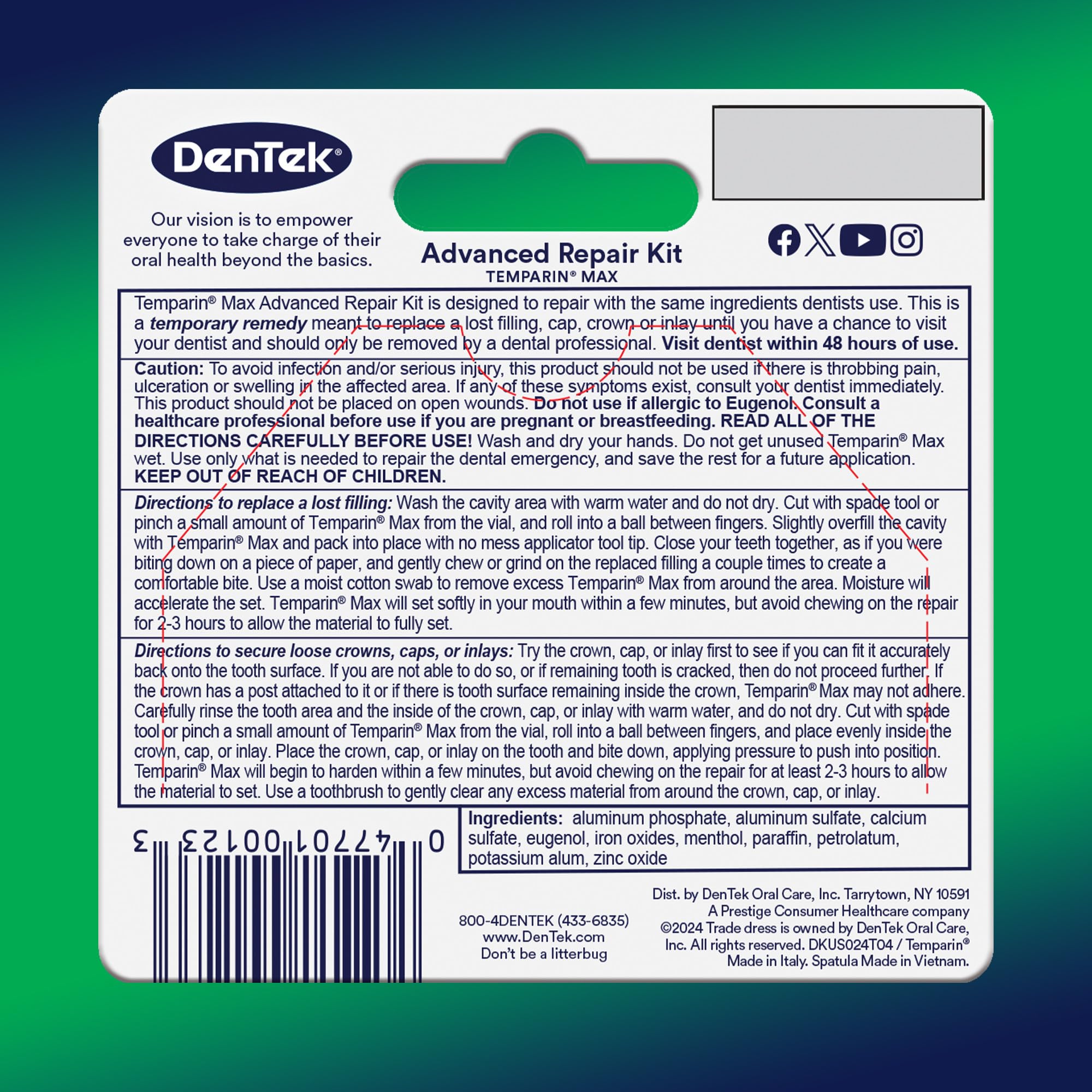 Emergency dental first aid kit including Temparin Max