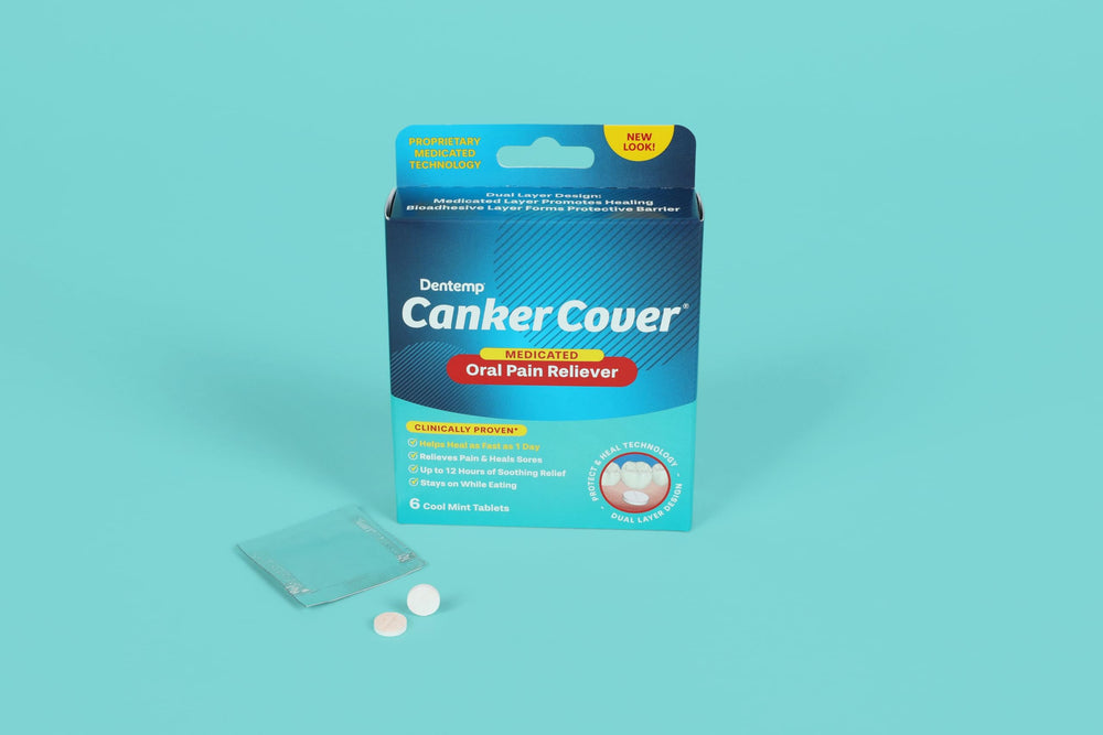 Close-up of canker cover patch on a sore