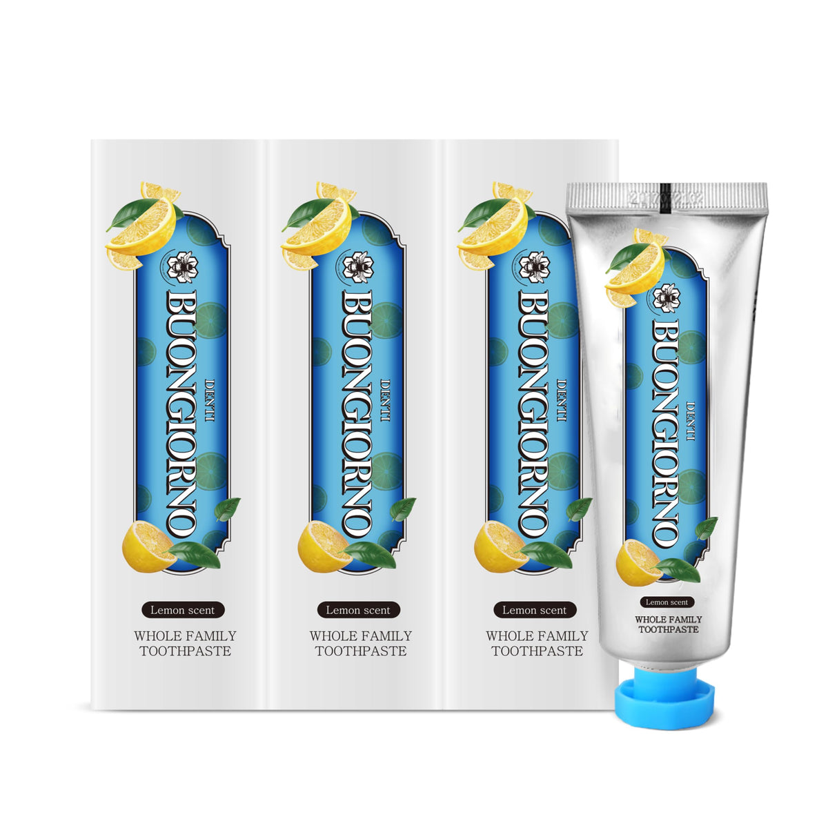 Front view of DENTI BUONGIORNO plaque care toothpaste 3-pack