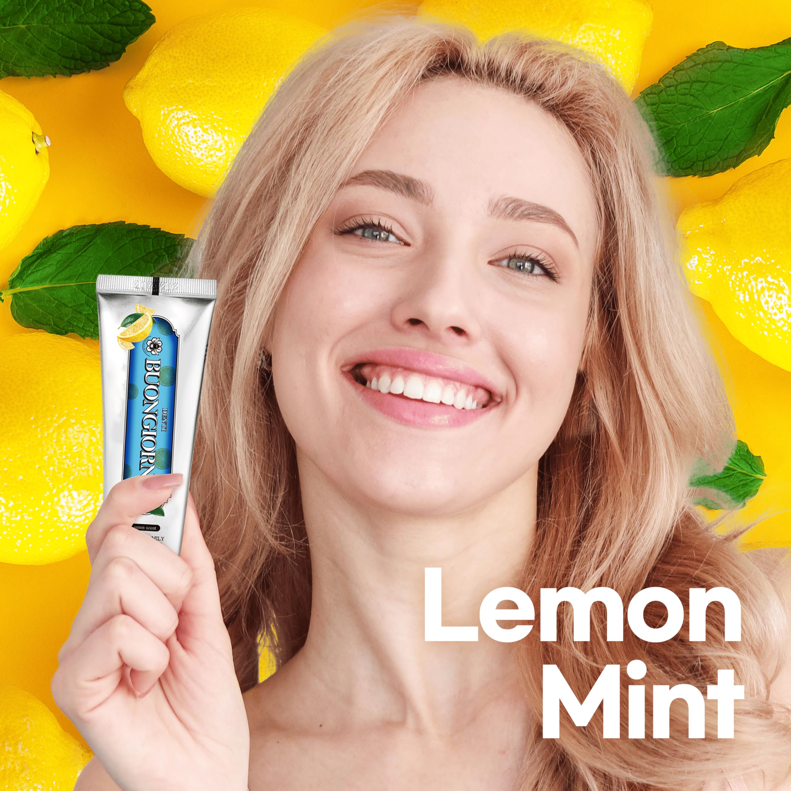 Close-up of the toothpaste tube showing Lemon Mint flavor