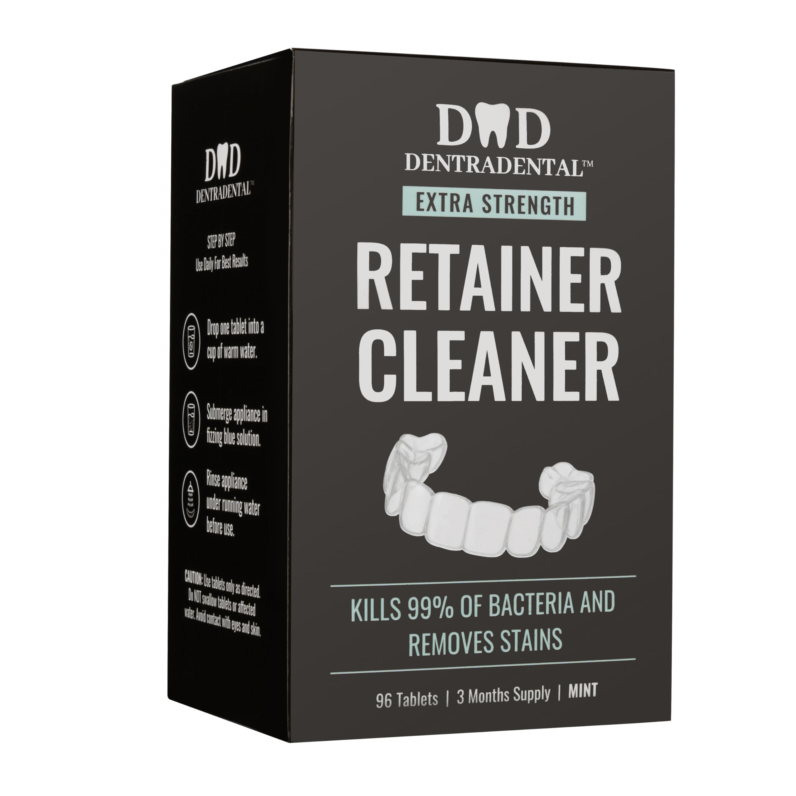 Front view of DENTRA DENTAL Cleaning Tablets packaging for a 96-count supply.