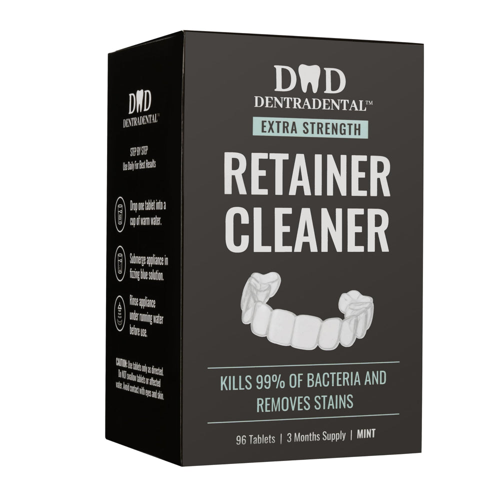 Front view of DENTRA DENTAL Cleaning Tablets packaging for a 96-count supply.