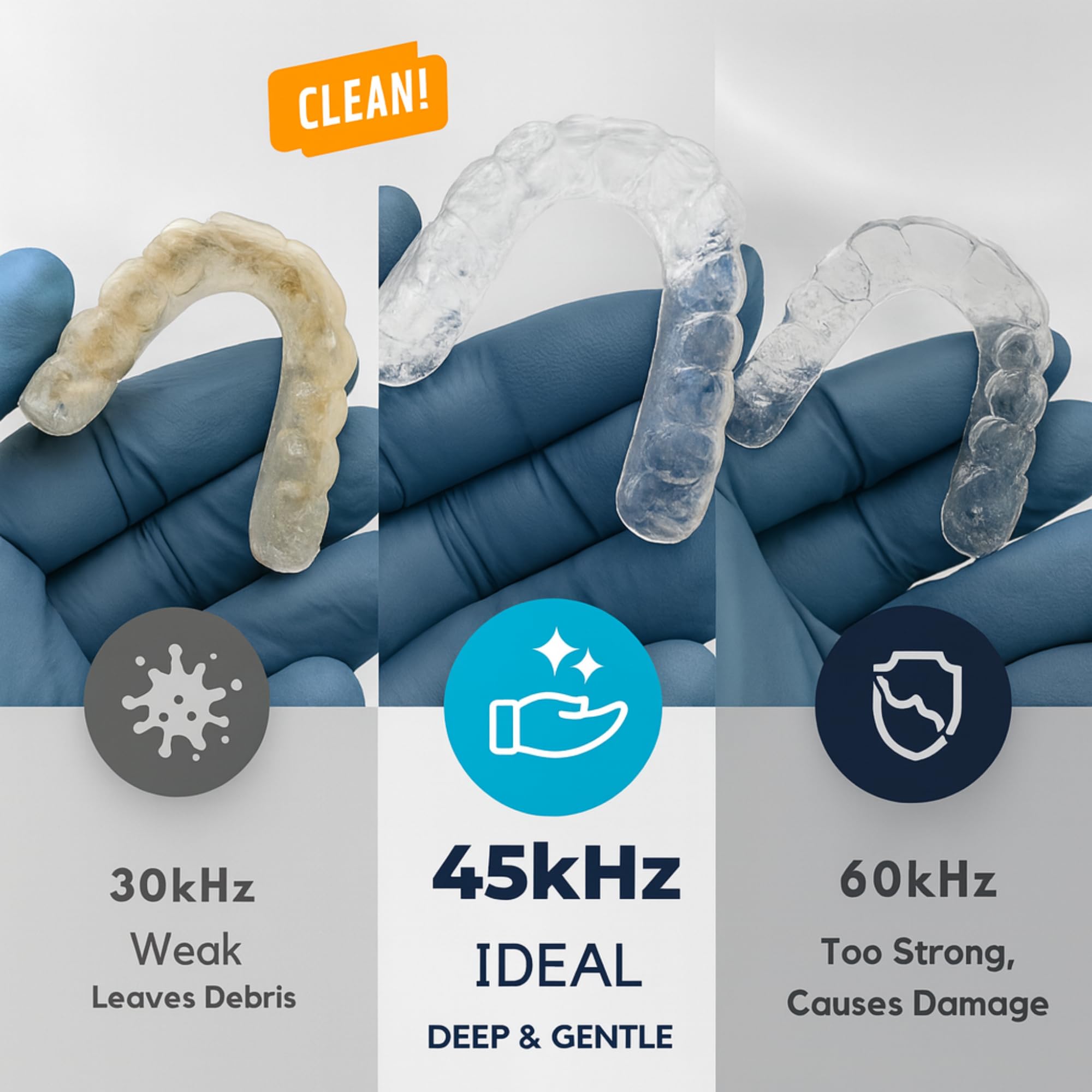 Retainer being cleaned in DENTRA ultrasonic cleaner
