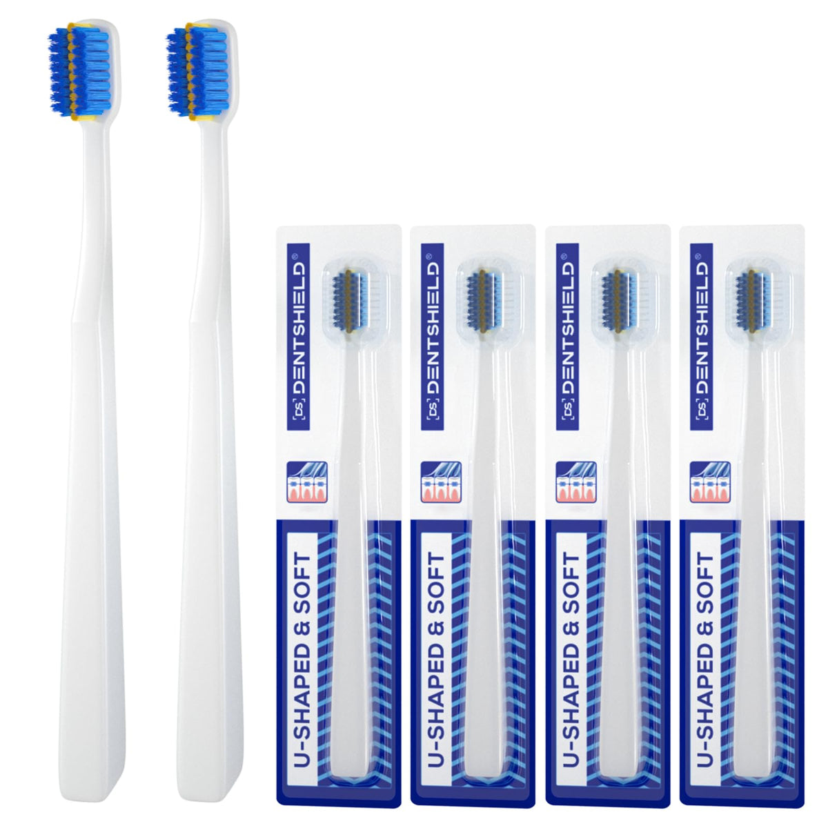 DENTSHIELD orthodontic toothbrush for braces with blue and white 4-pack