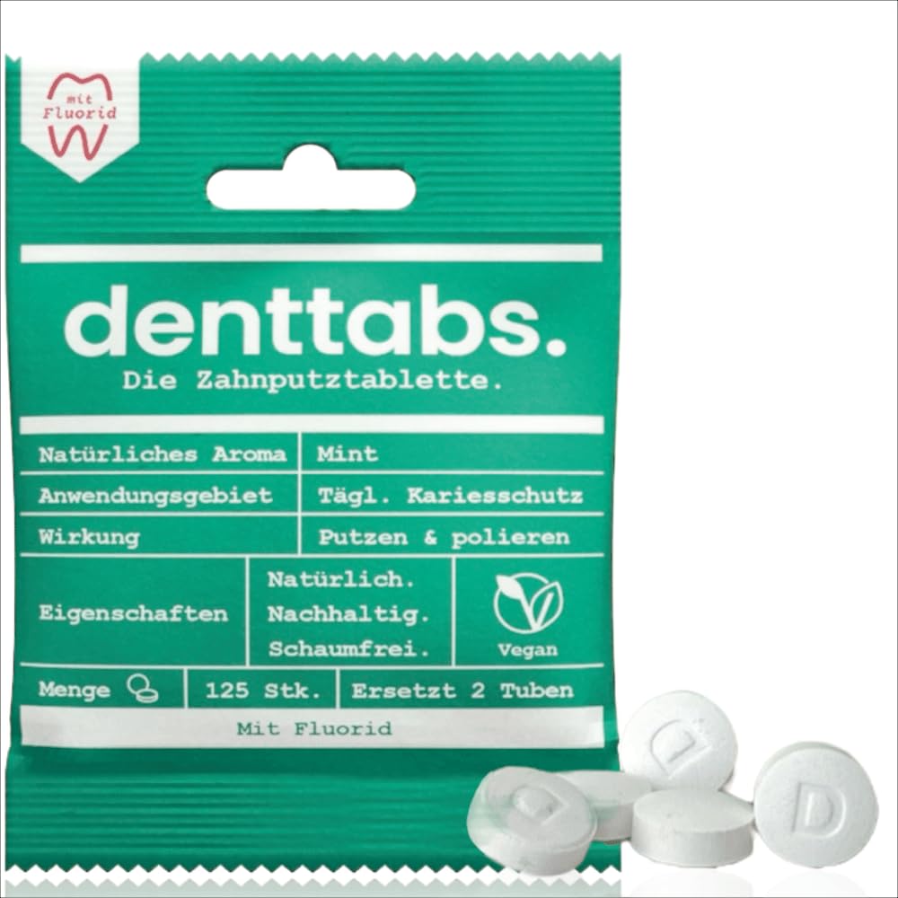 Front view of Denttabs 125 pc packaging