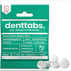 Front view of Denttabs 125 pc packaging