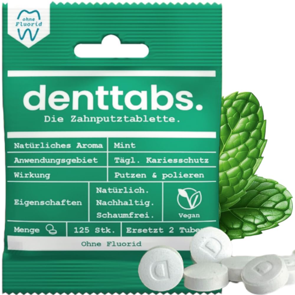 Front view of DENTTABS Stevia Mint 125-count packaging