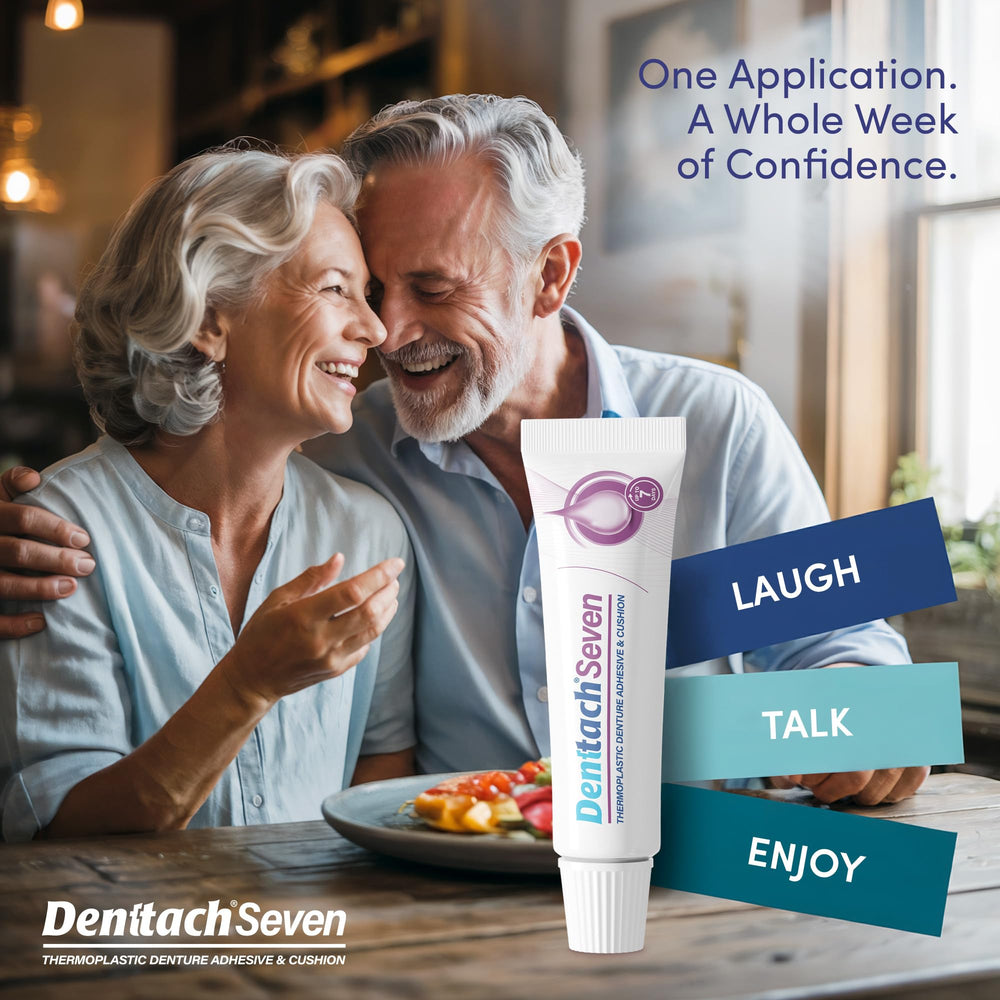 Upper and lower dentures securely seated with Denttach Seven
