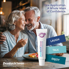 Upper and lower dentures securely seated with Denttach Seven