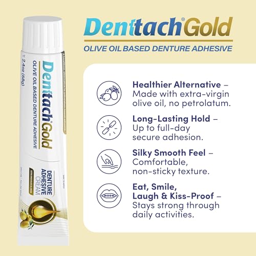 Full dentures secured with Denttach Gold