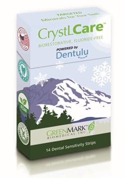 Dentulu CrystLCare Biorestorative Fluoride-Free Dental Strips packaging showing 14 strips