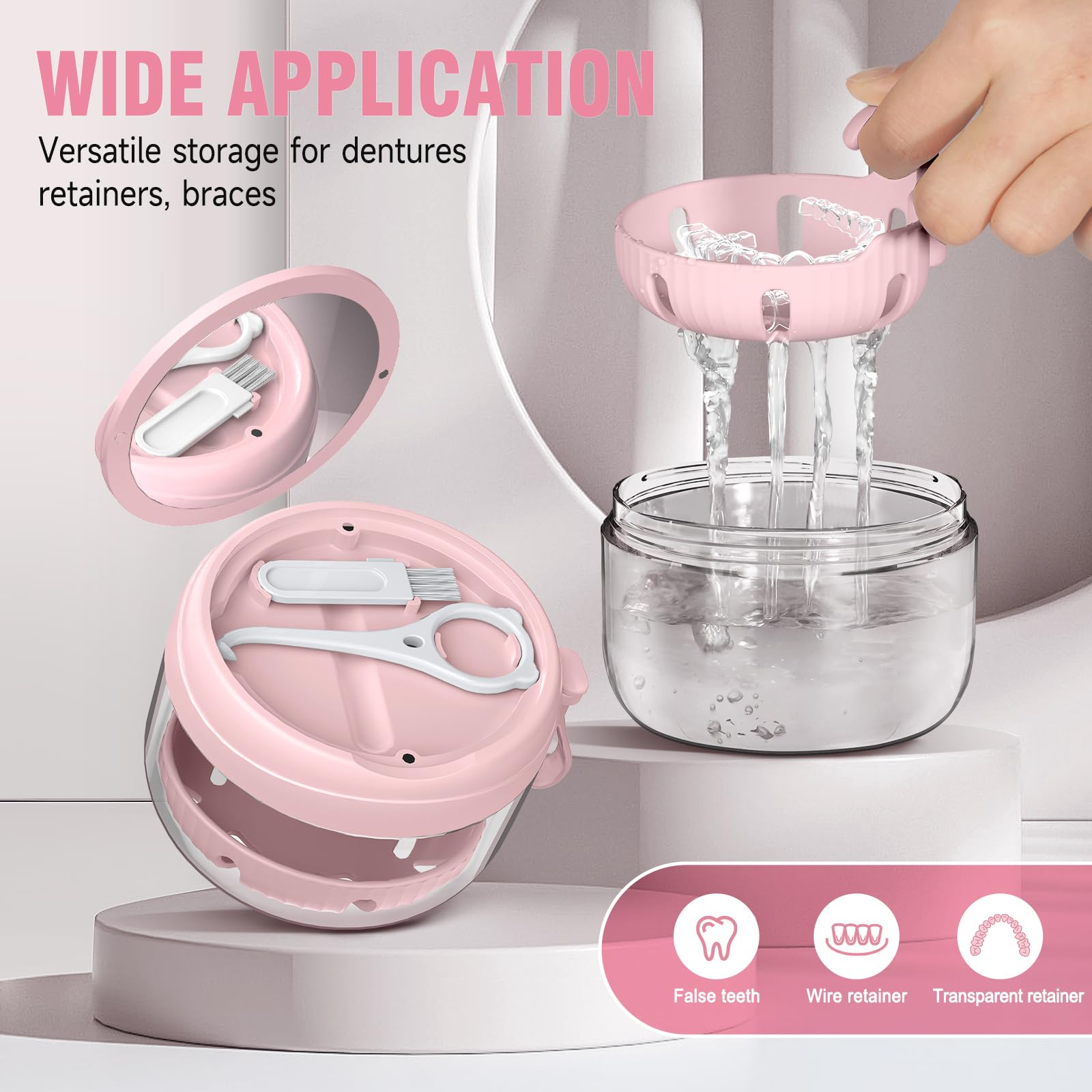 Leak-proof denture cup showing silicone seal inside white case