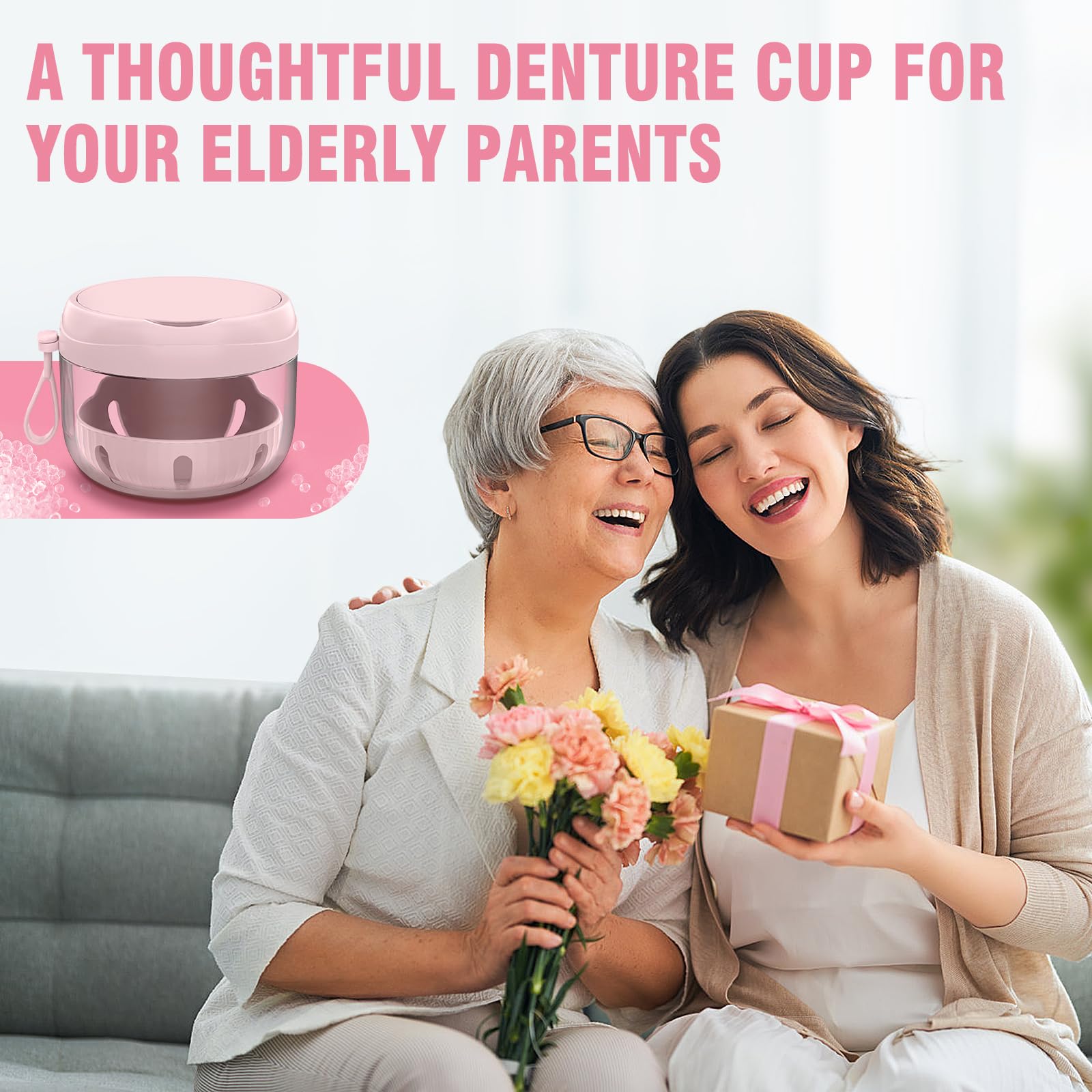 Lightweight travel denture cup with drawstring pouch