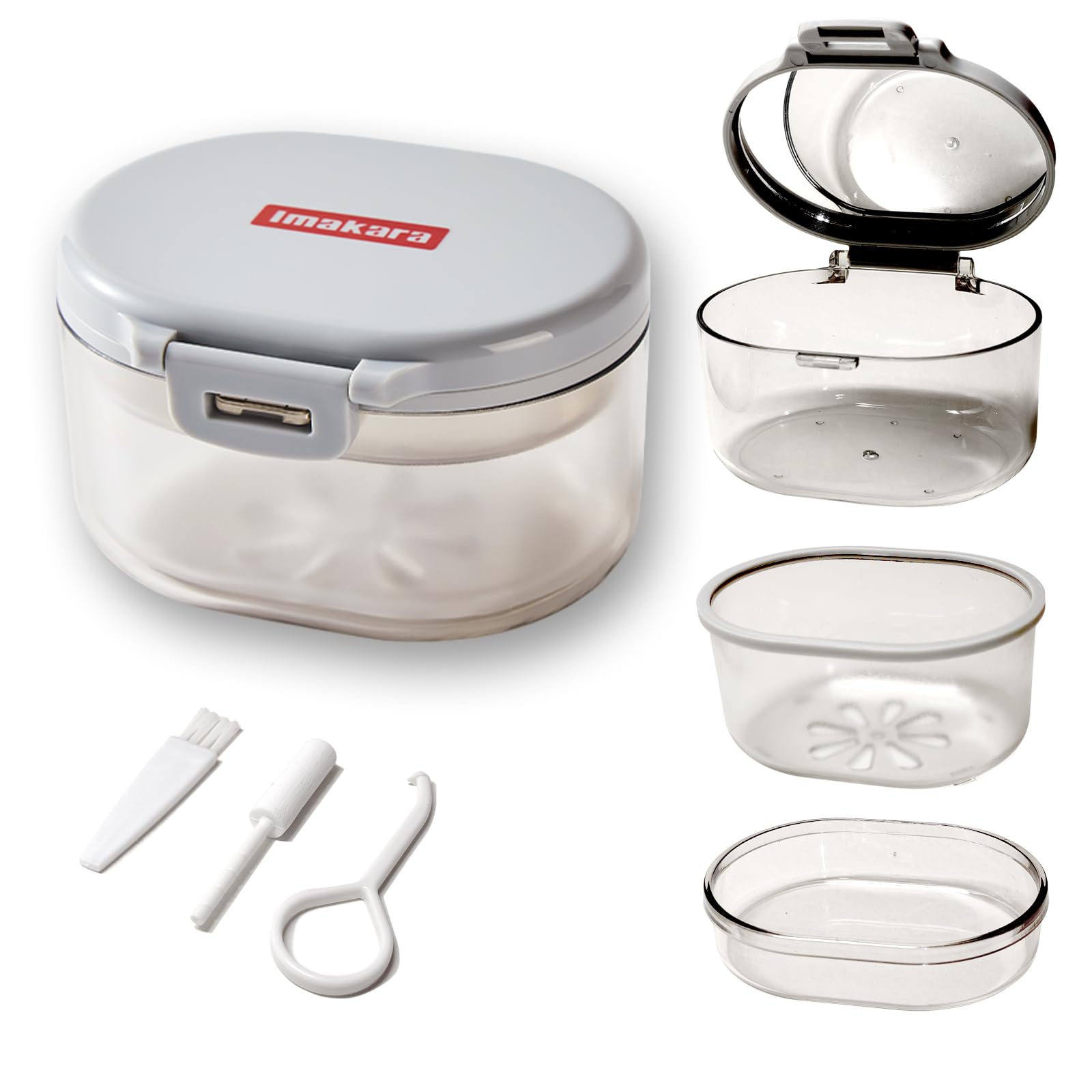 Grey Denture Bath Case with filter and storage layer for soaking dentures and braces