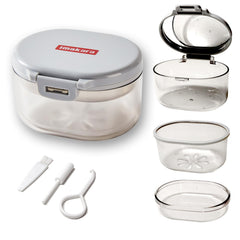 Grey Denture Bath Case with filter and storage layer for soaking dentures and braces