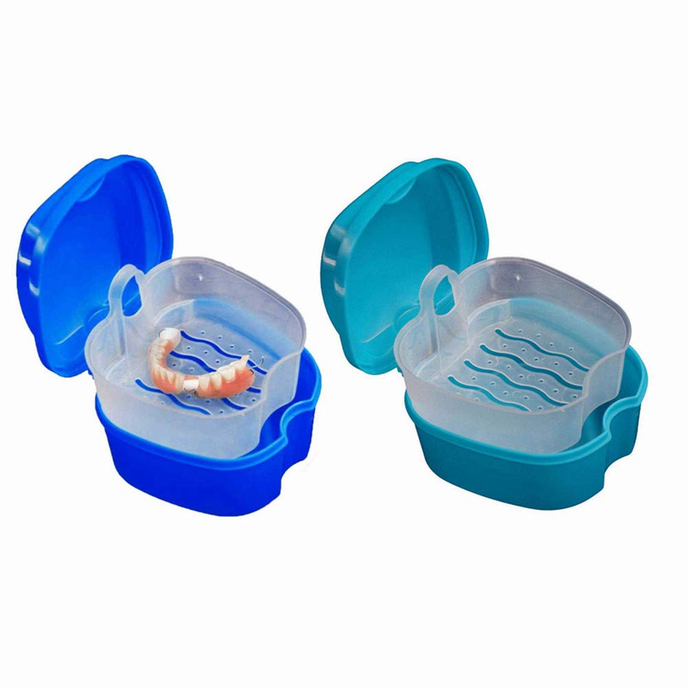 Two denture bath cases in blue and green with a strainer basket