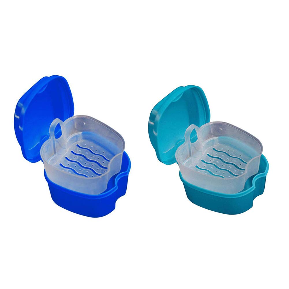 Blue and green denture bath case side by side