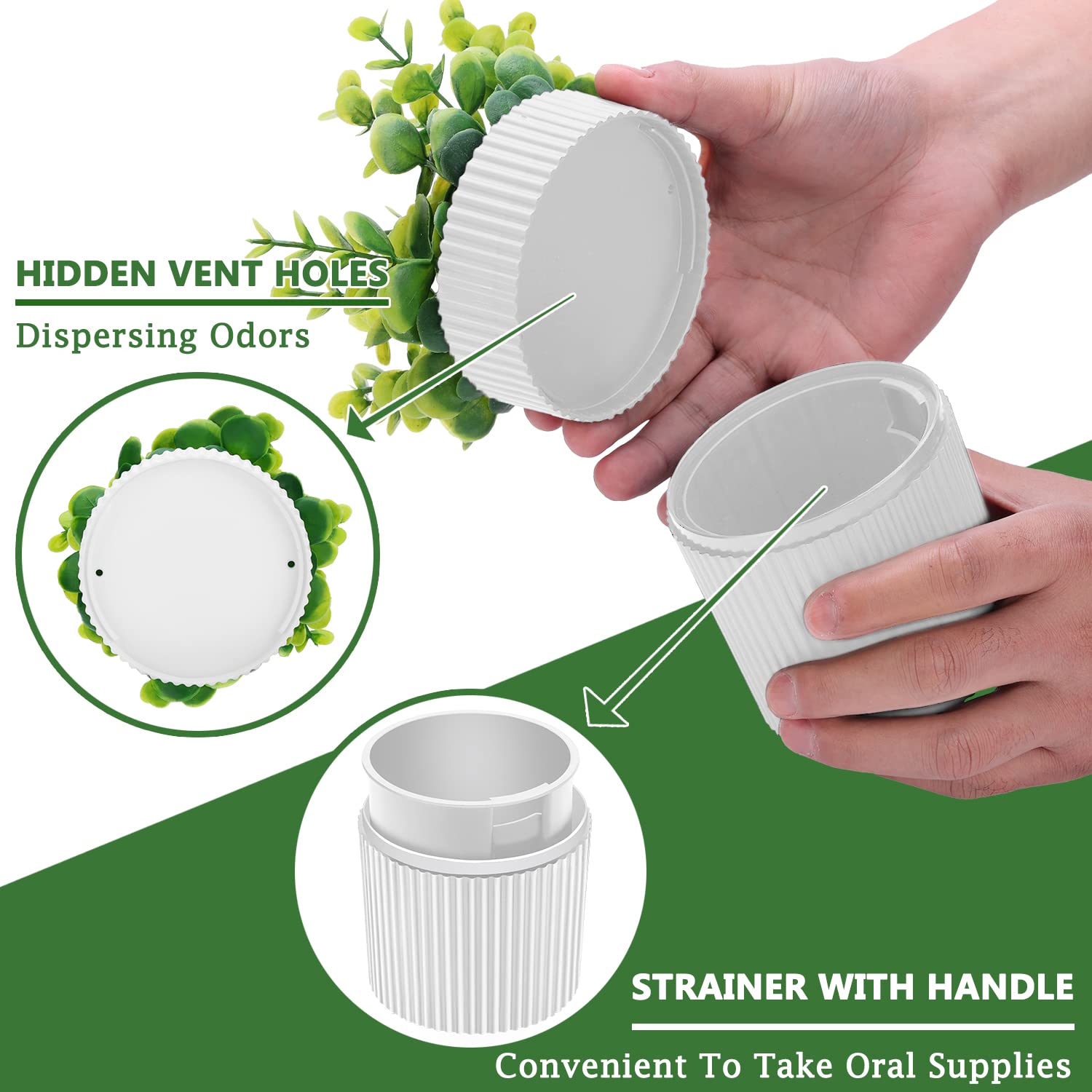 Close-up of the artificial eucalyptus pot denture case