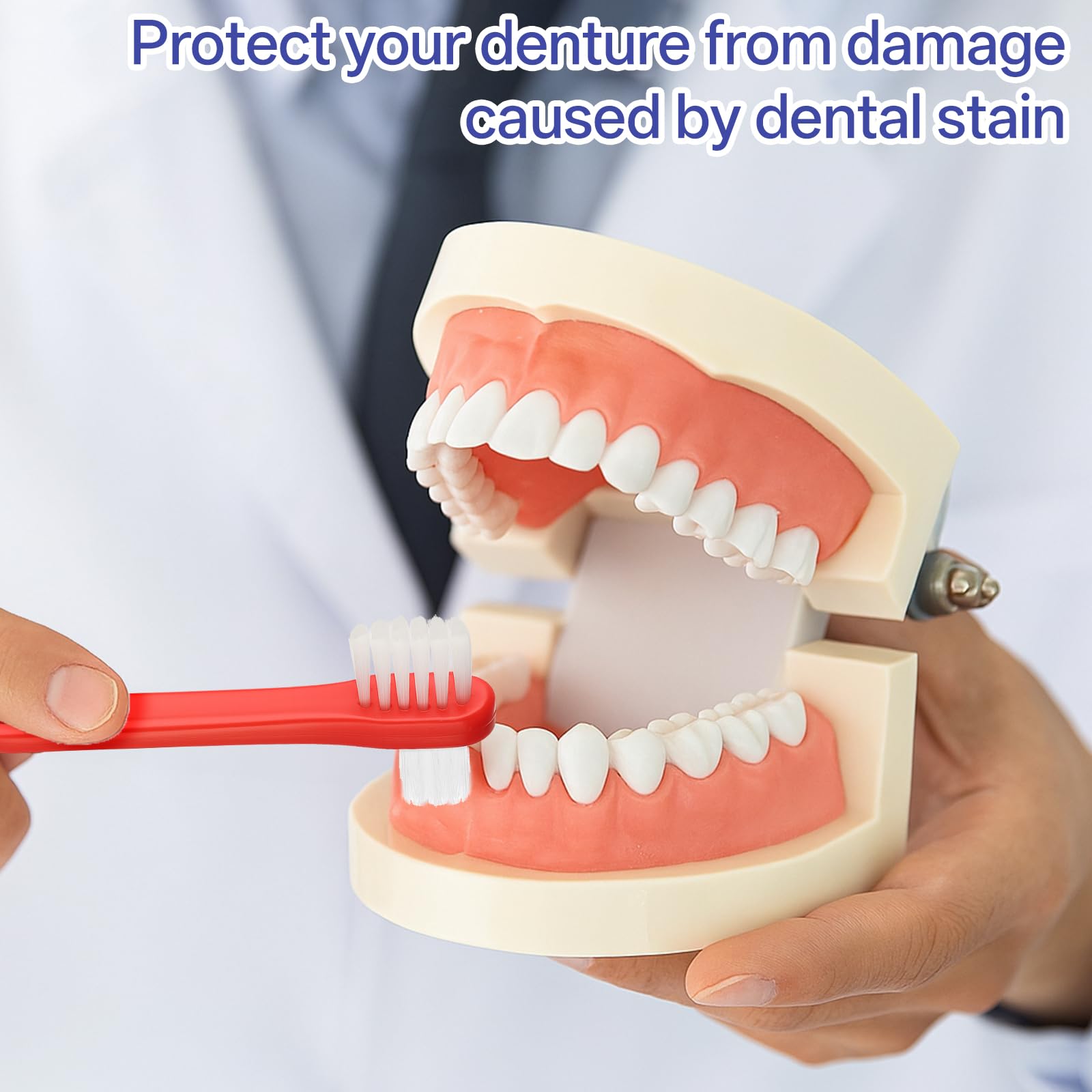 Denture brush set in four colors: white, turmeric, red, blue