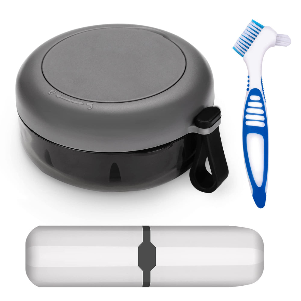 BLACK denture case with twist-off lid and silicone seal for leak-proof travel
