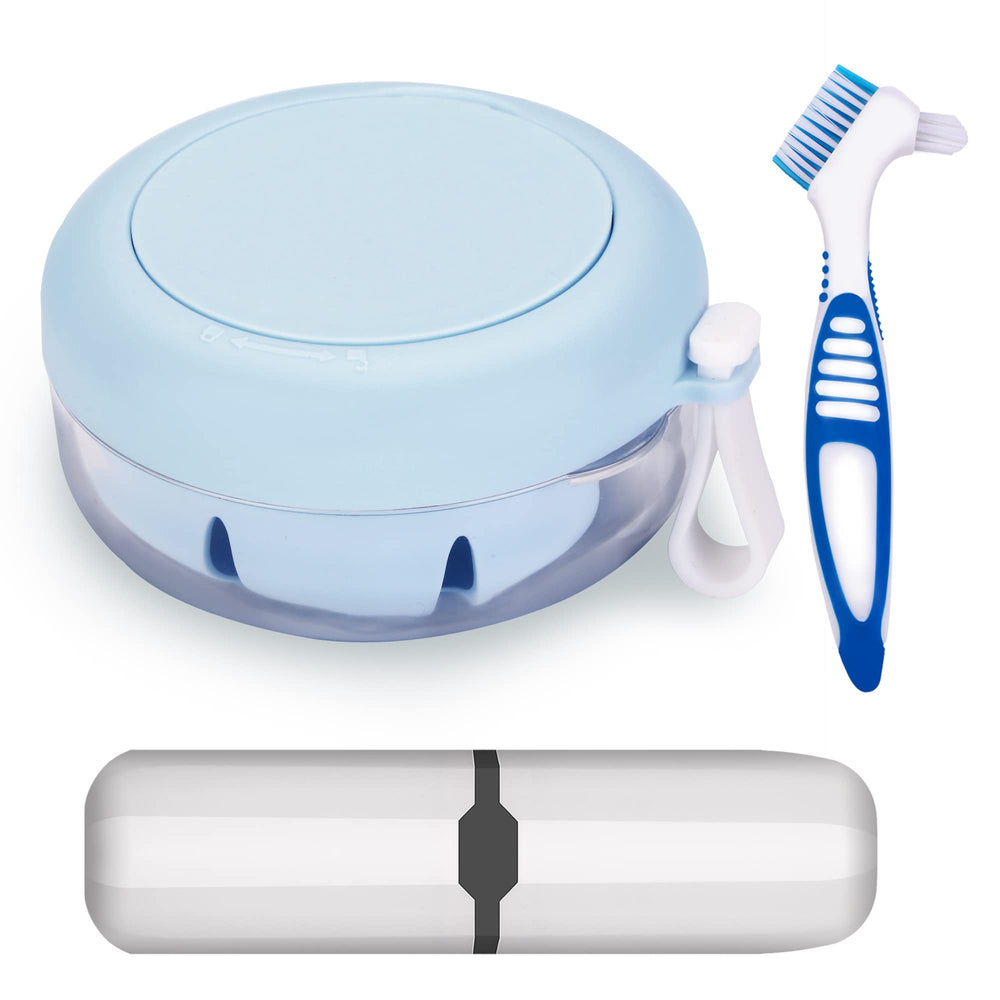 Denture case with brush and portable blue box