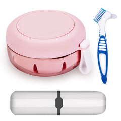 Pink denture case with brush – front view