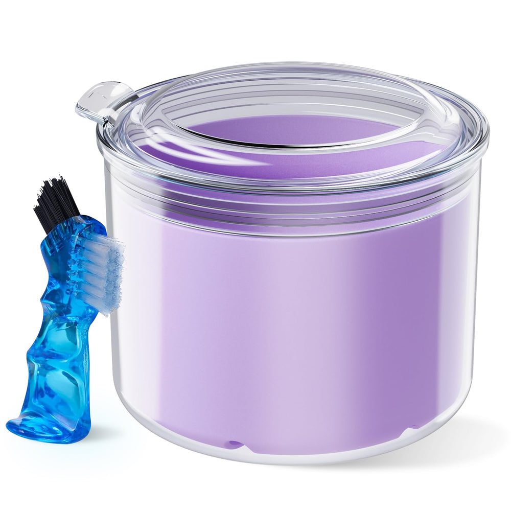 Purple denture case front view with lid