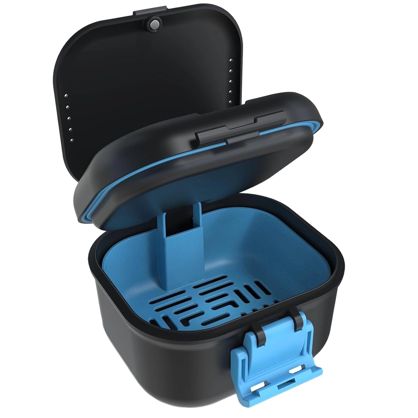 Front view of denture cleaning cup with leak-proof blue clasp and ABS case