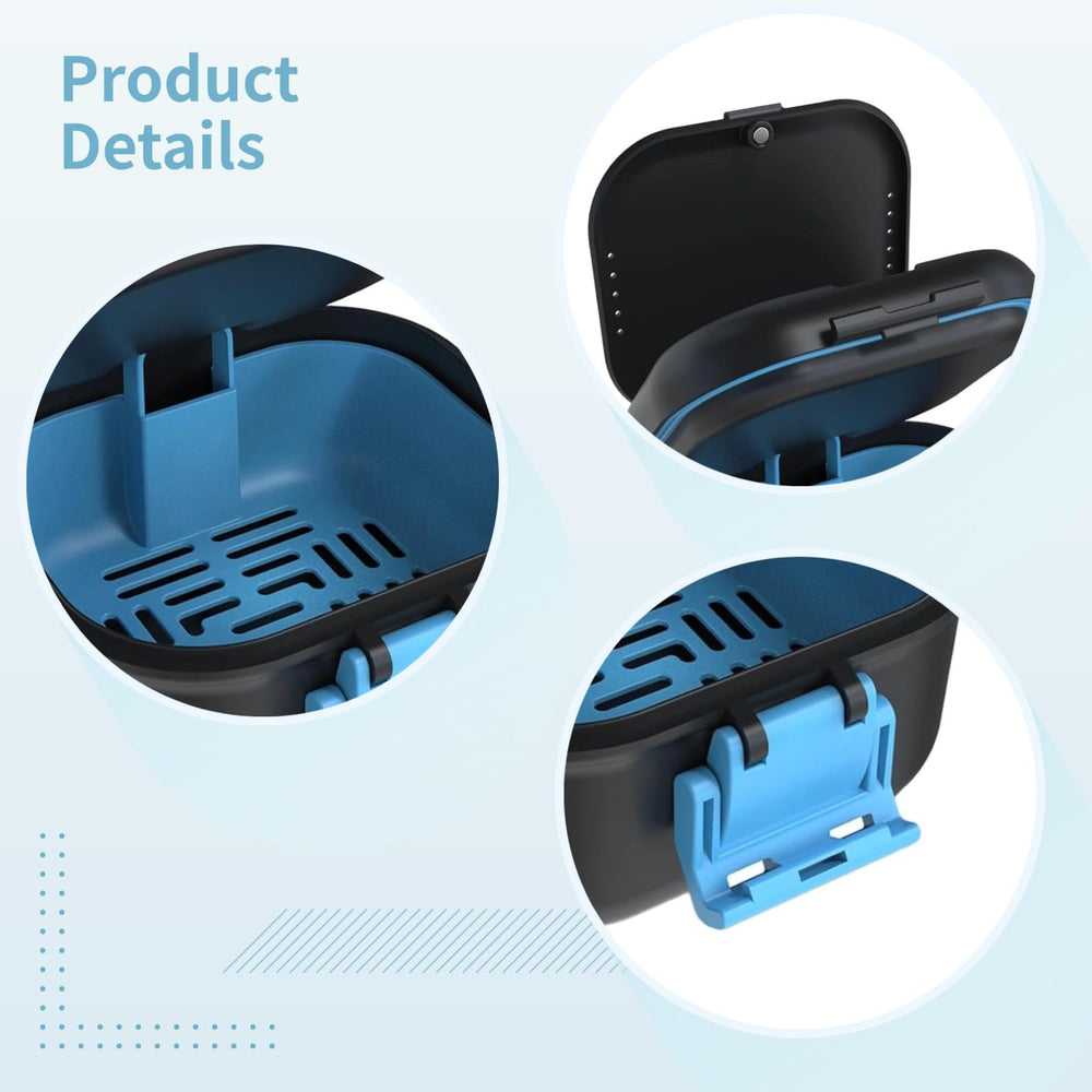 Compact travel denture holder with blue clasp and ventilation holes