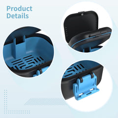 Compact travel denture holder with blue clasp and ventilation holes