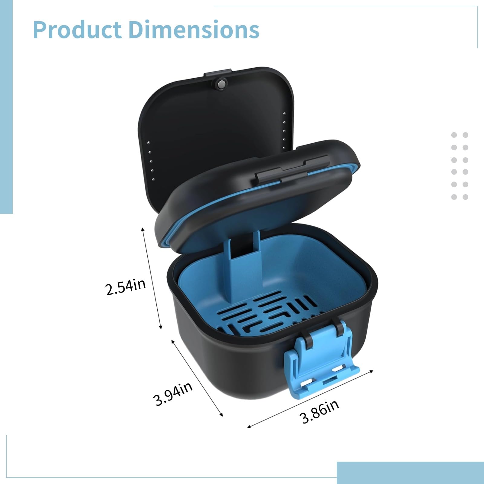 Side view of denture holder showing air vents for freshness