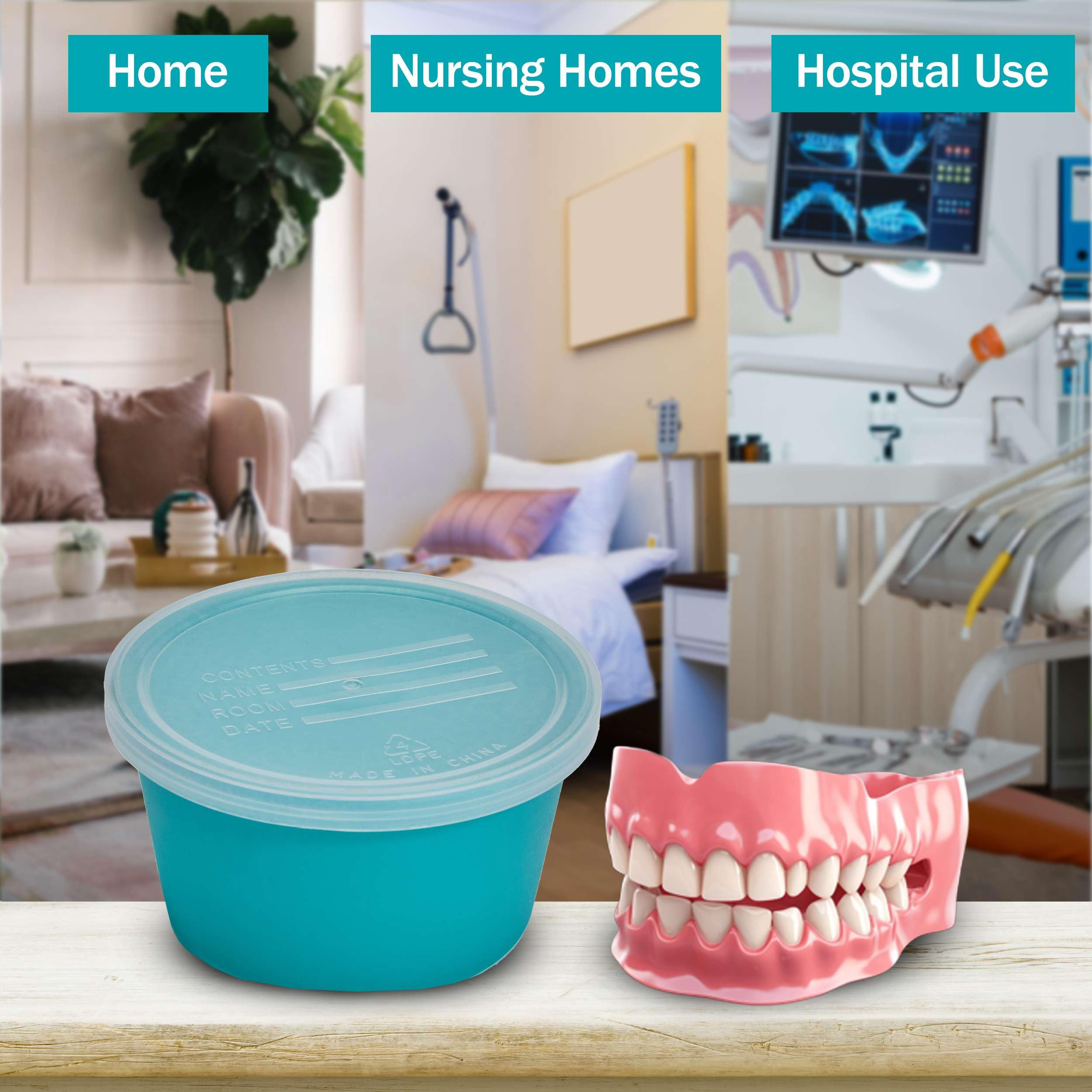 Denture cups with lids in a bathroom cabinet