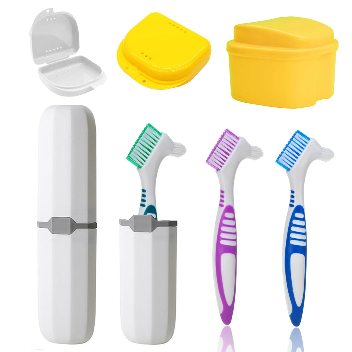 Denture brush kit with 3 brushes and carrying case