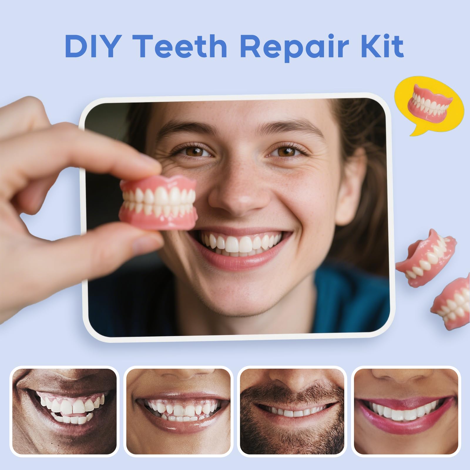 Denture kit contents showing top and bottom teeth
