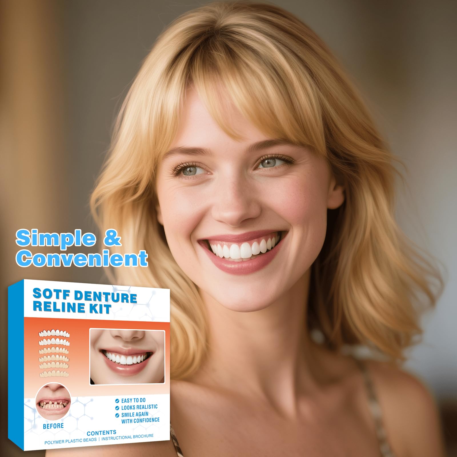 Flat lay of 5-piece denture repair kit components