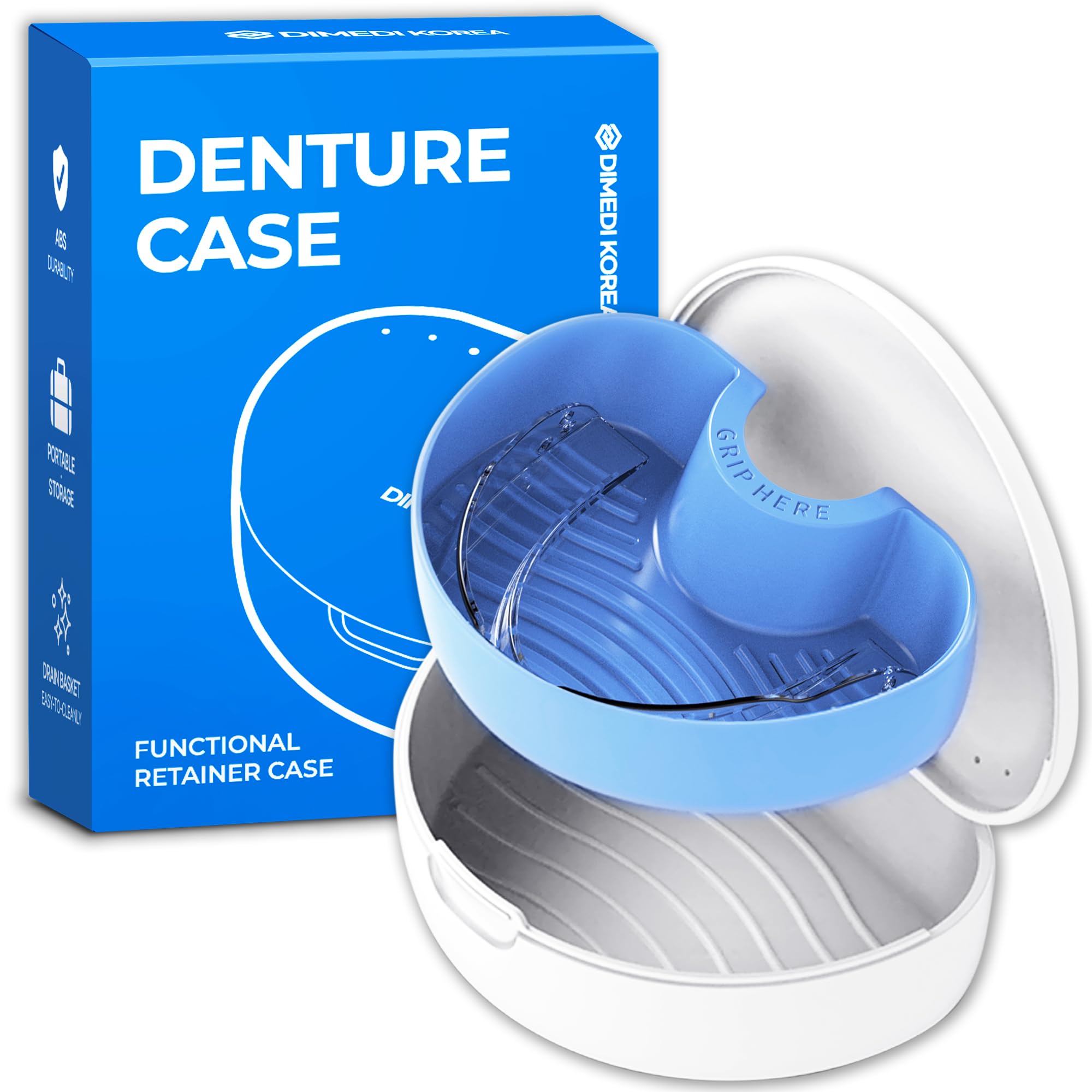 Front view of denture storage case with secure locking closure