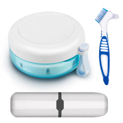 Closed denture travel case showing compact design