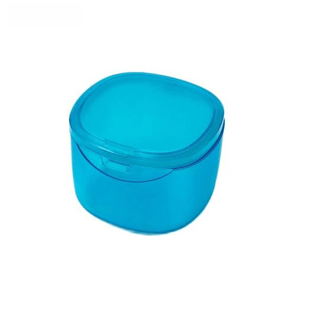 Blue denture case with lid closed