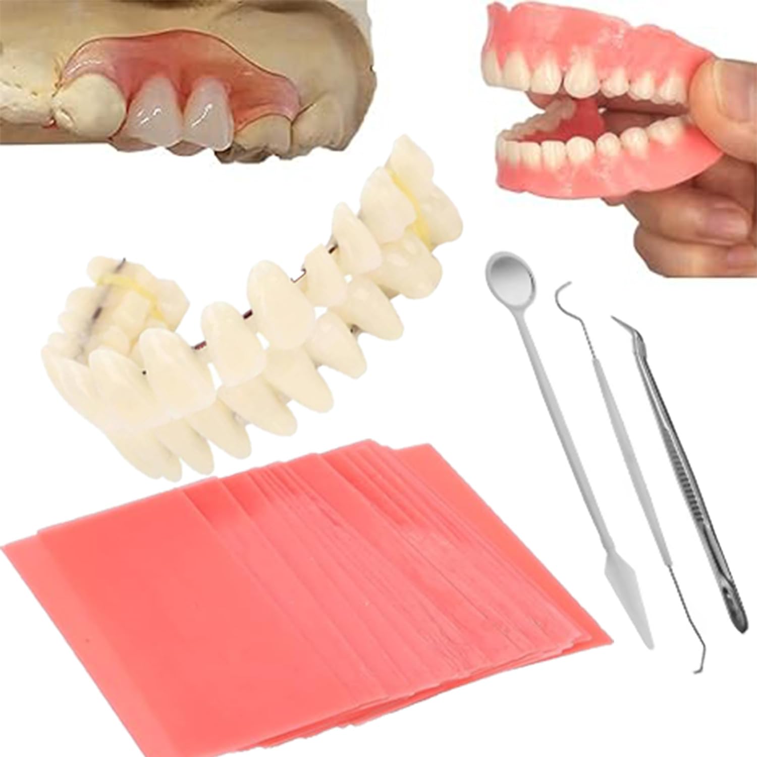 Front view of the DIY denture kit with components laid out.