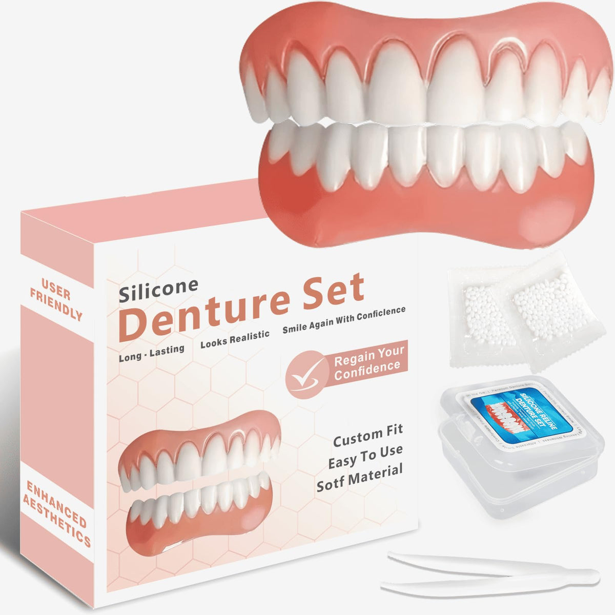 Dentures for women and men in soft silicone, upper and lower