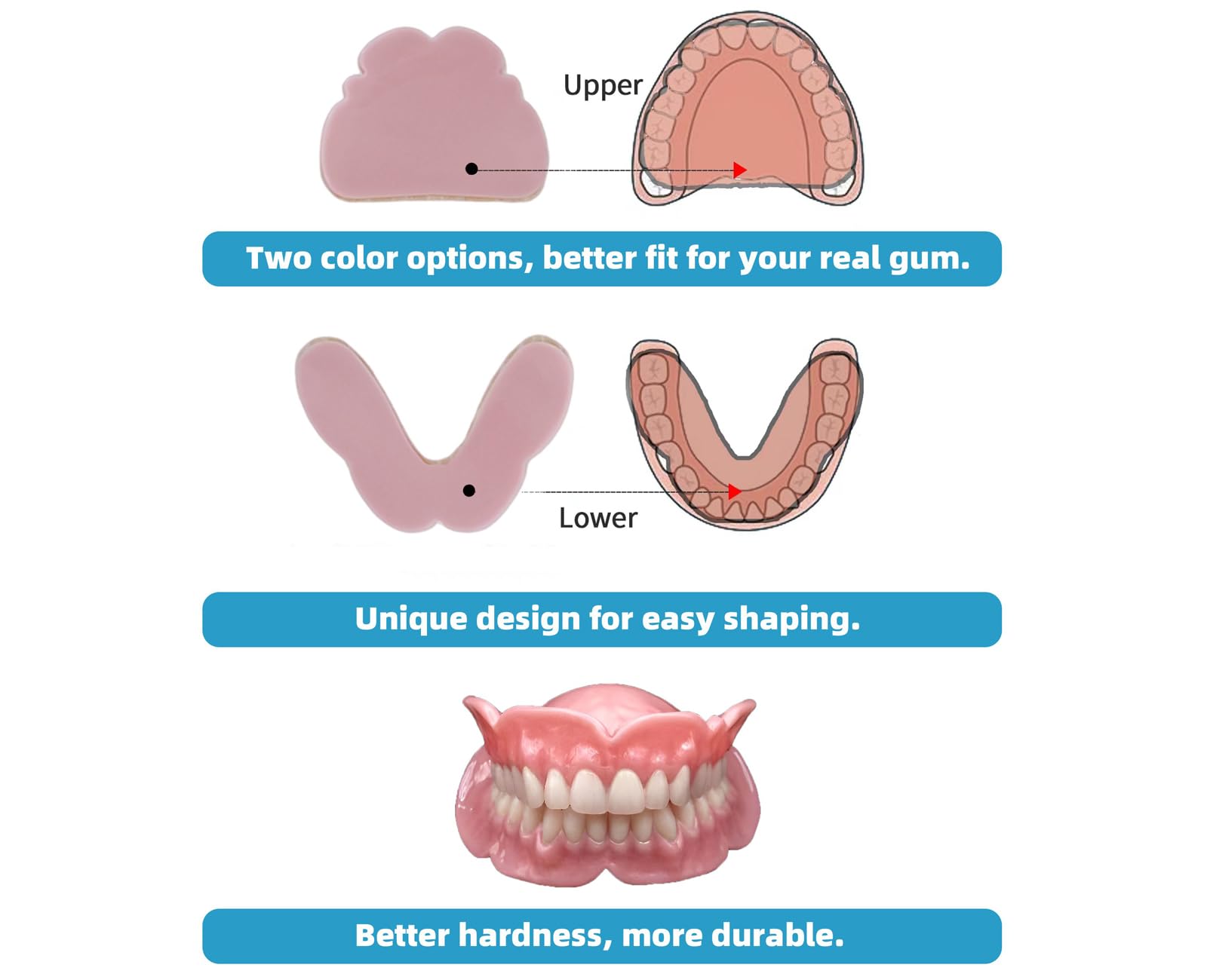 Durable gum materials in light red and dark red with upper and lower pieces