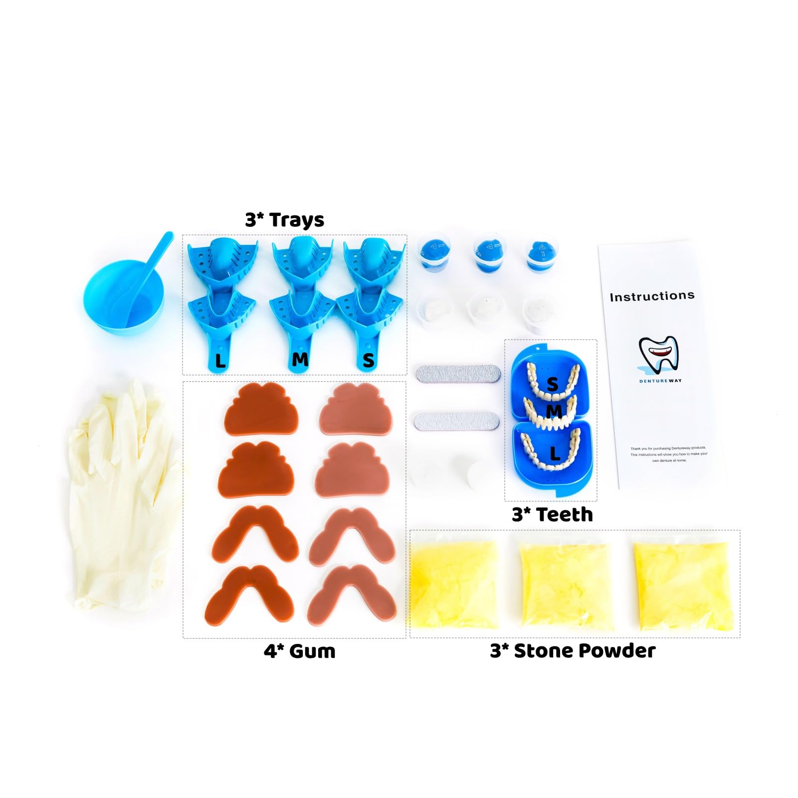 Three sets of 28 synthetic resin teeth for large, standard, and small sizes