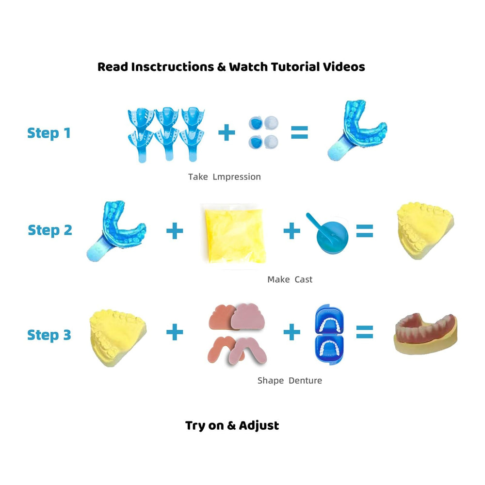 Three denture tray sizes (L, M, S) with upper and lower portions