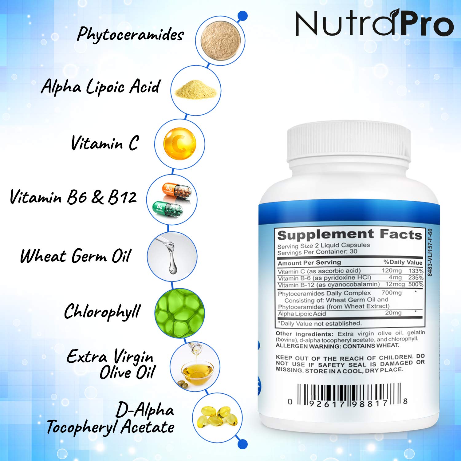 Nutrition label-style graphic emphasizing phytoceramides and alpha-lipoic acid