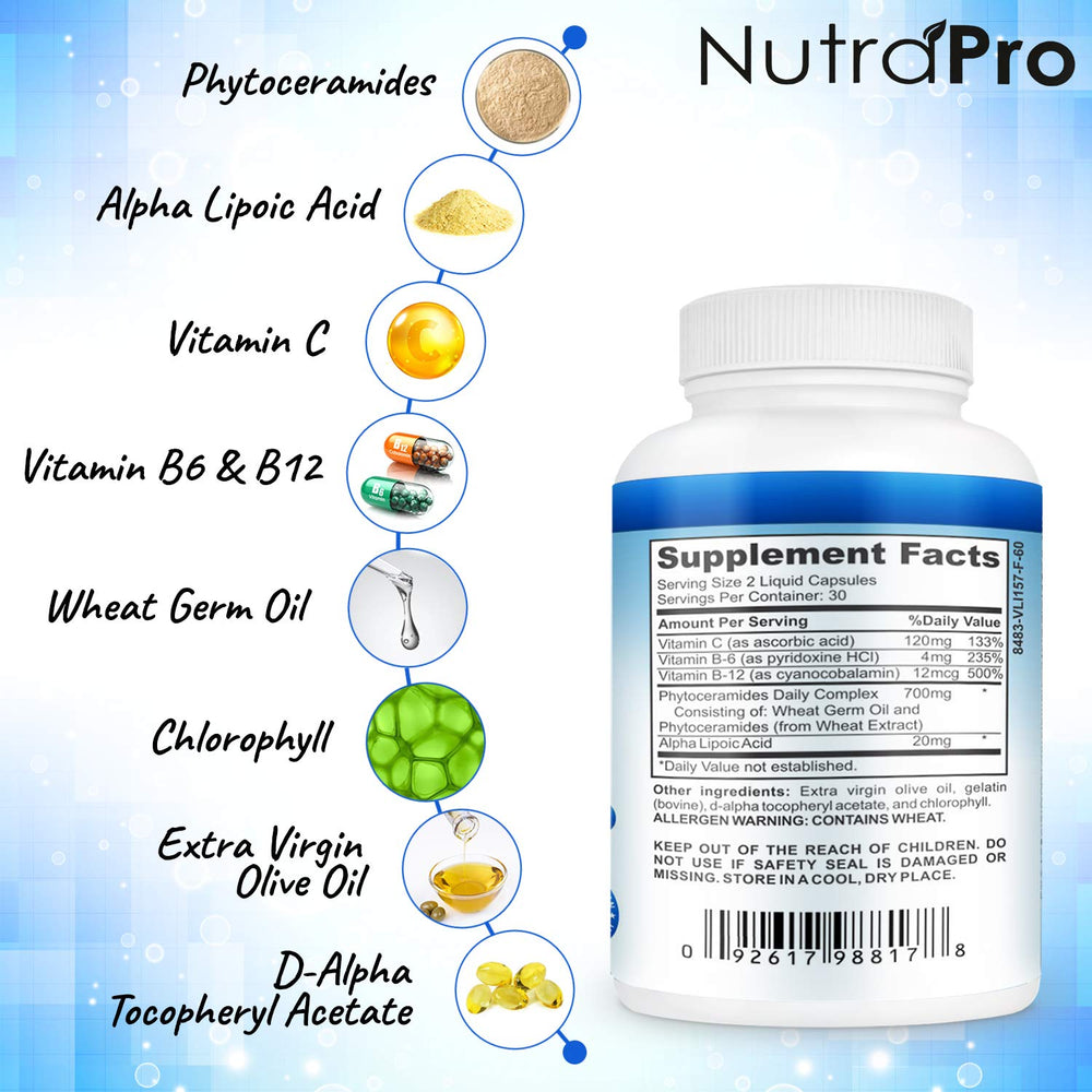 Nutrition label-style graphic emphasizing phytoceramides and alpha-lipoic acid