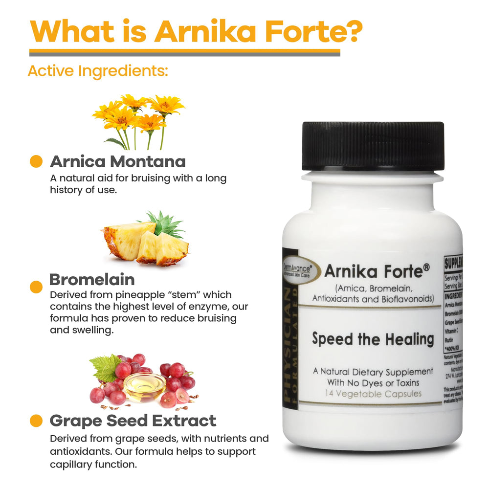 Arnika Forte capsules spilled from bottle on white background