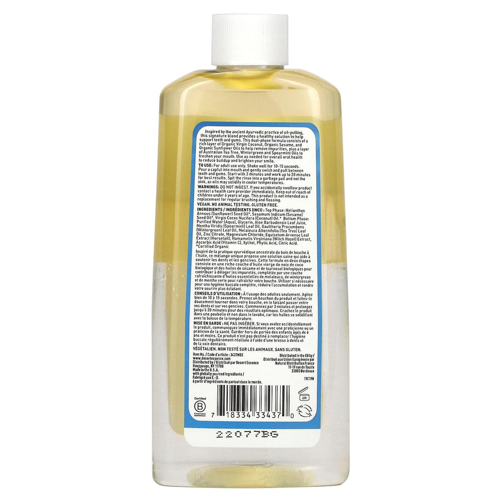 Ingredients of Desert Essence Pulling Rinse: organic virgin coconut oil, sesame oil, sunflower oil