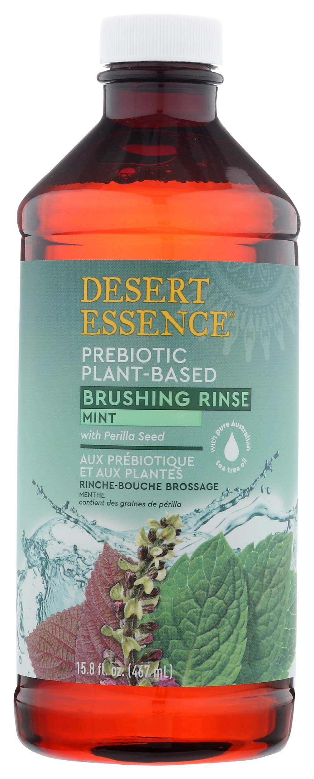 Front view of Desert Essence Prebiotic Mint Brushing Rinse bottle, 15.8 oz